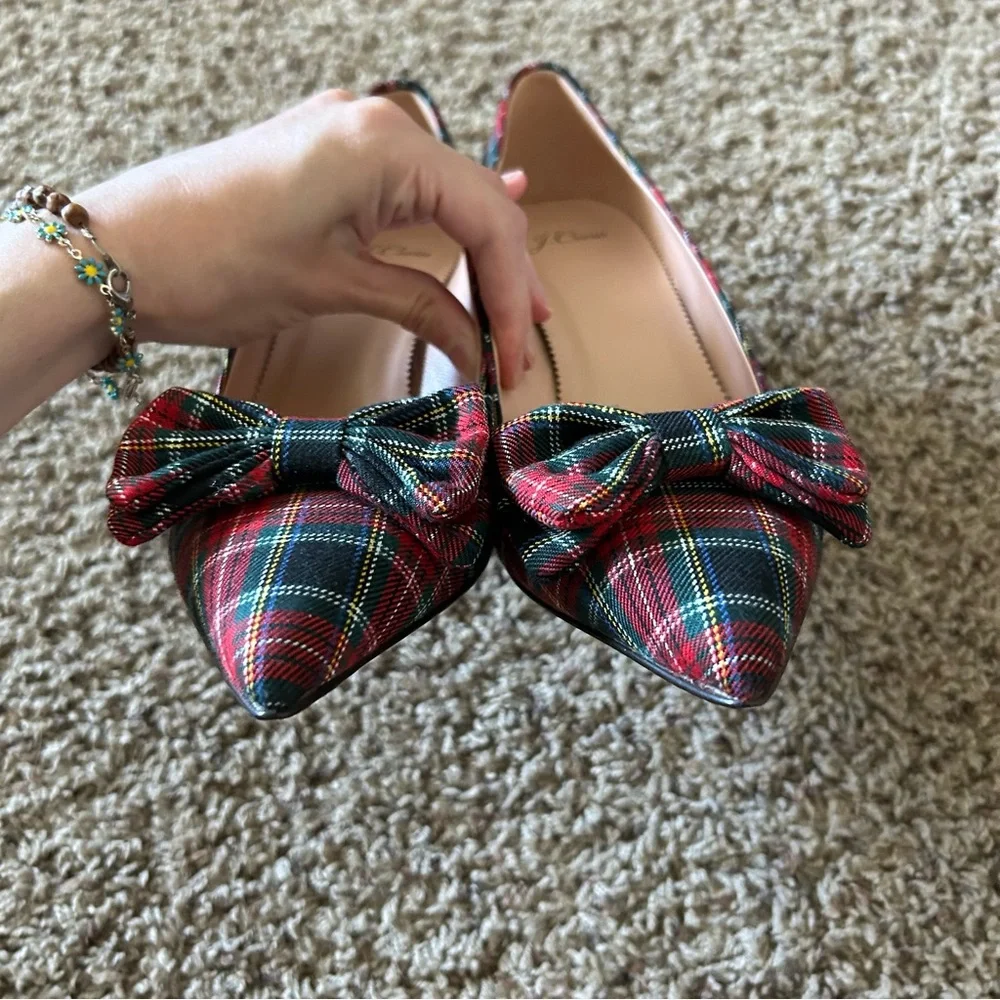 J. Crew Red Green Plaid Bow Pointed-Toe Kitten Heels